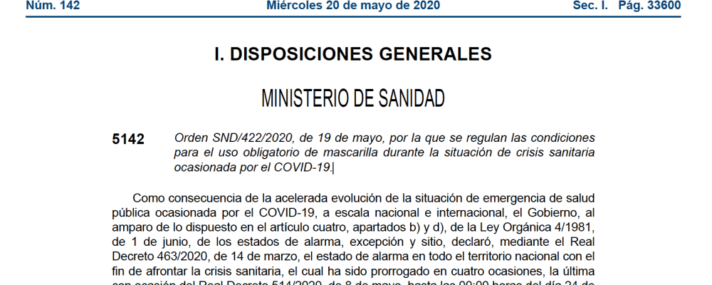 Boletín Oficial del Estado – Uso obligatorio de mascarilla